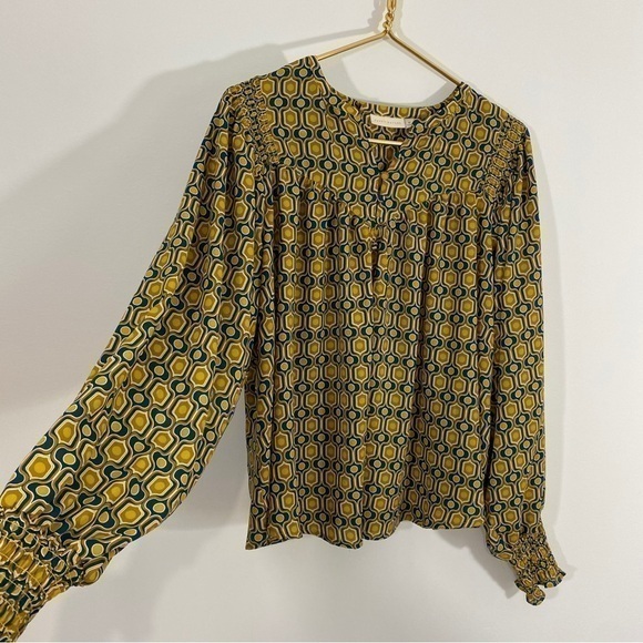 Happy Nature Kate Hudson Medium Geometric Yellow Blue Balloon Sleeve Blouse Top‎ - Picture 2 of 10
